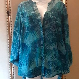 Covington tropical leaves turquoise silky blouse size 1X button down, cuff